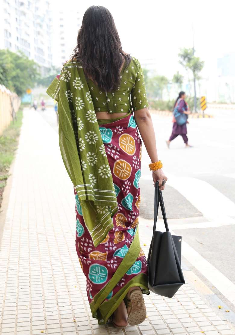 Maroon Printed Cotton Saree Set - Indya