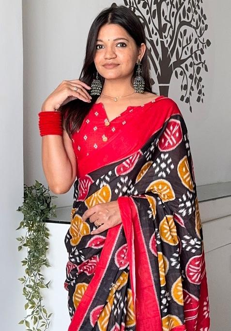 Black Printed Cotton Saree Set — view on Indya