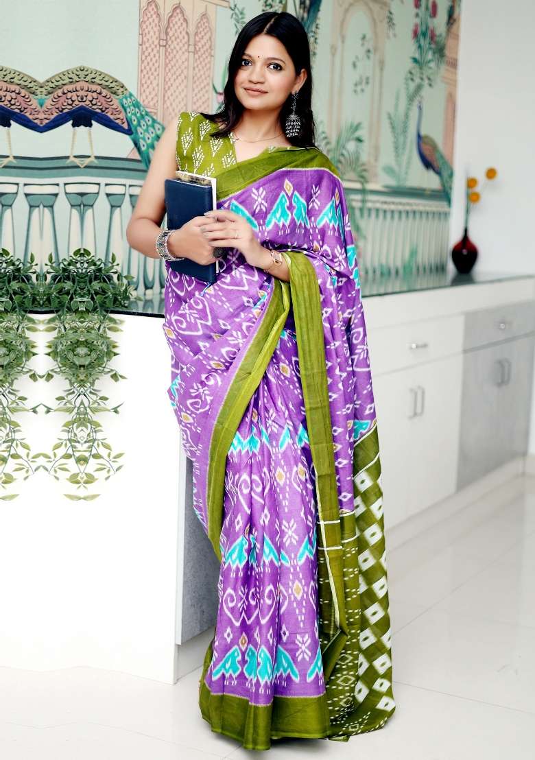 Lavender Printed Cotton Saree Set for Diwali and Festive Wear - Indya