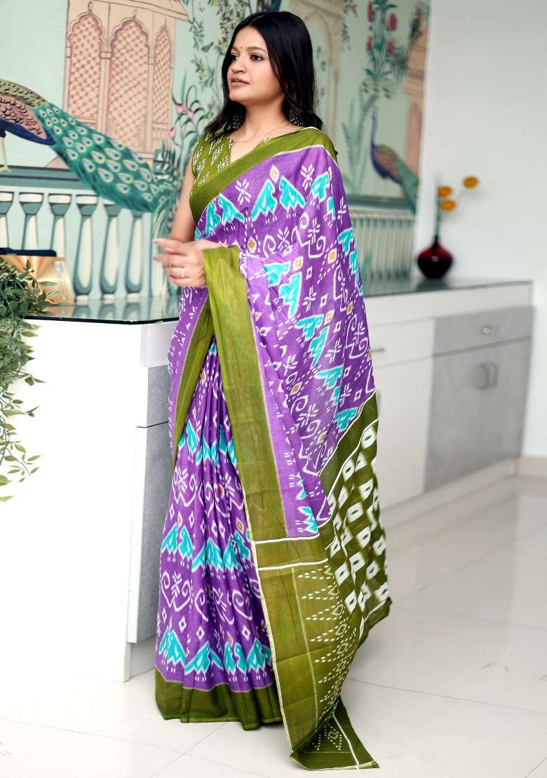 Lavender Printed Cotton Saree Set for Diwali and Festive Wear - Indya