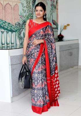 Grey Printed Cotton Saree Set