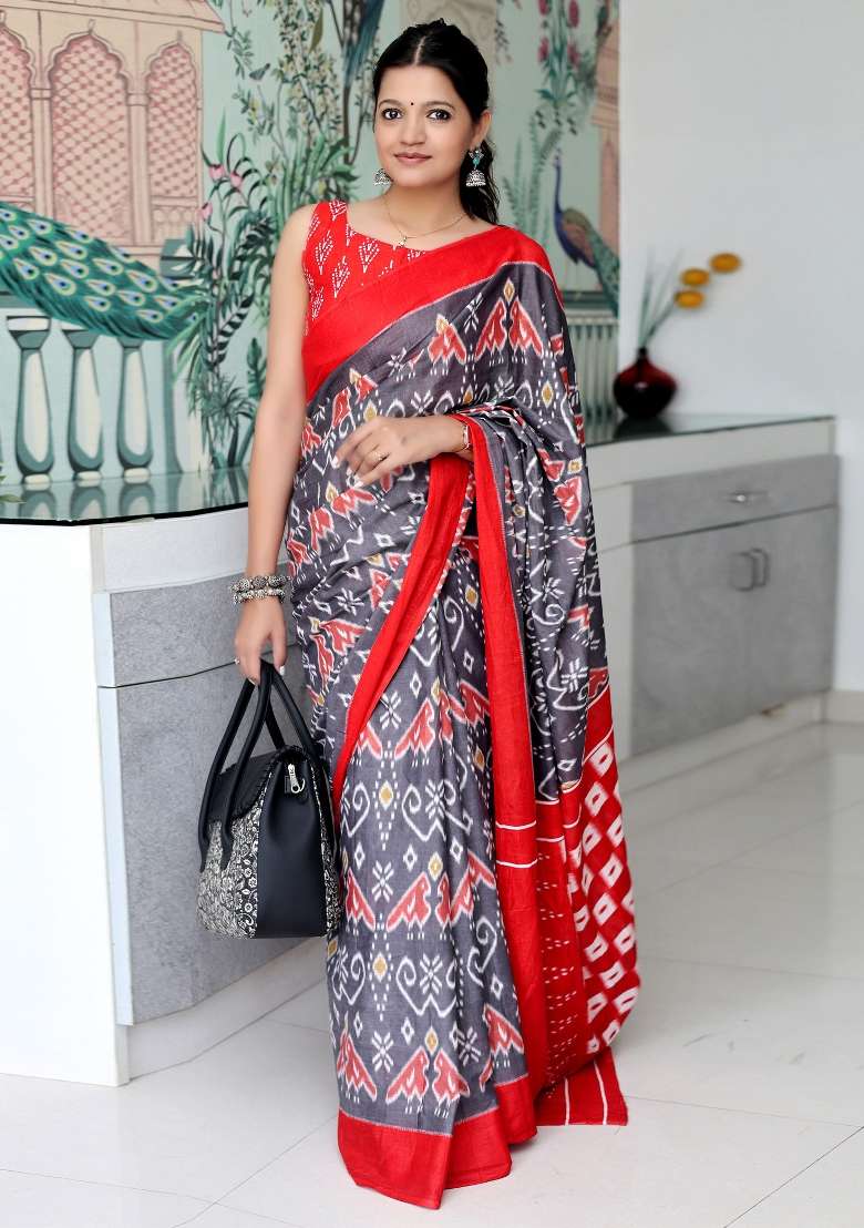 Grey Printed Cotton Saree Set - Indya
