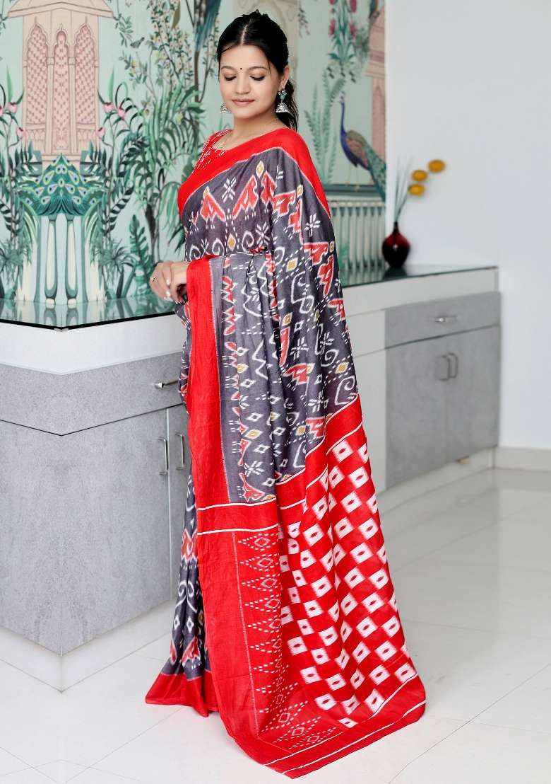 Grey Printed Cotton Saree Set - Indya