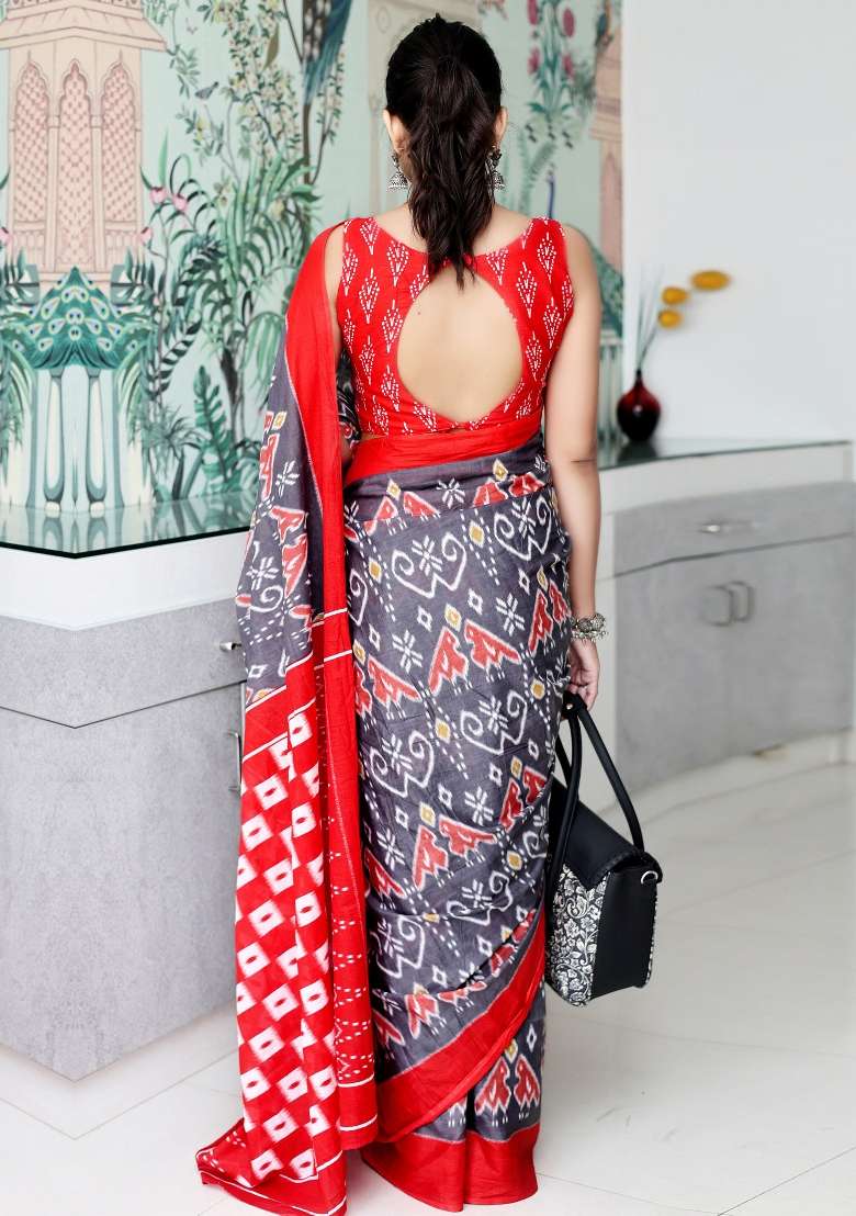 Grey Printed Cotton Saree Set - Indya