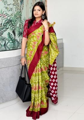 Olive Printed Cotton Saree Set