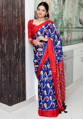 Navy Blue Printed Cotton Saree Set
