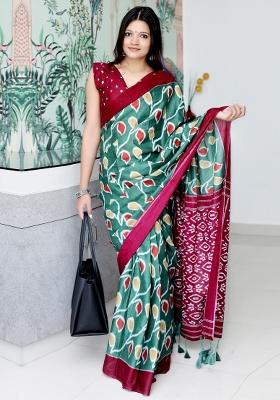 Sea Green Printed Cotton Saree Set