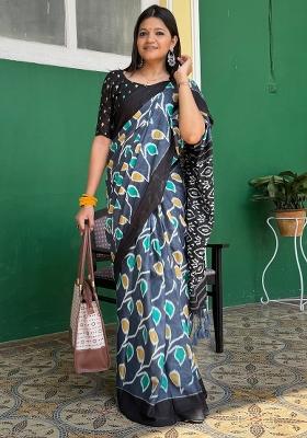 Charcoal Grey Printed Cotton Saree Set