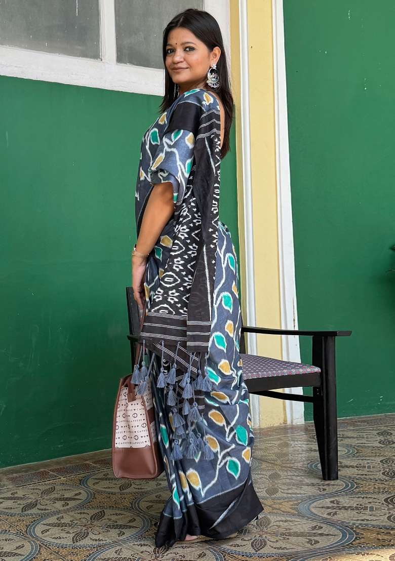 Charcoal Grey Cotton Saree Set with Printed for Diwali | Wedding & Festive Wear - Indya