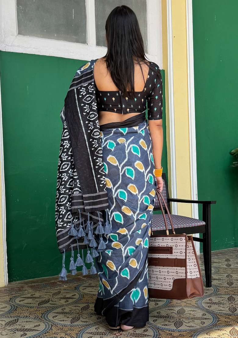 Charcoal Grey Cotton Saree Set with Printed for Diwali | Wedding & Festive Wear - Indya