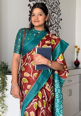 Brown Printed Cotton Saree Set