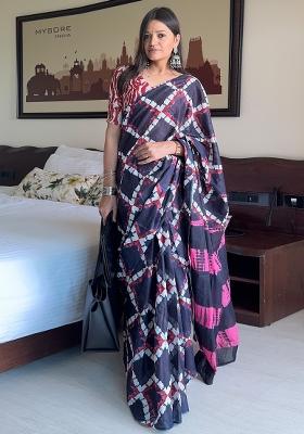 Navy Blue Printed Cotton Saree Set