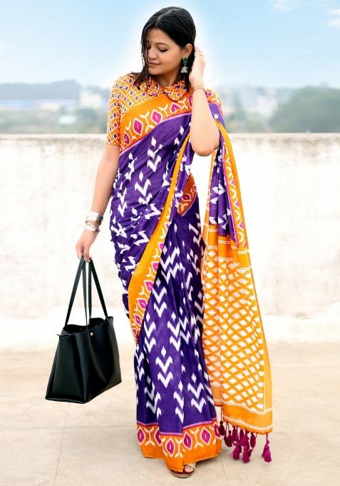 Purple Printed Cotton Saree Set — view on Indya