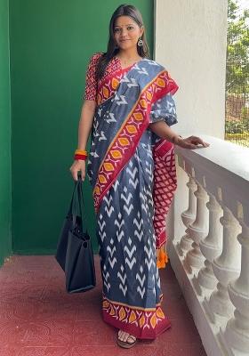 Grey Printed Cotton Saree Set