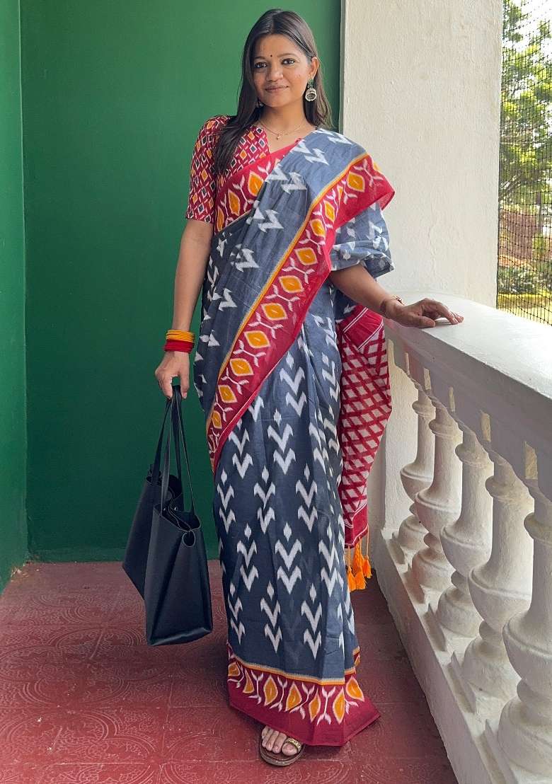 Grey Printed Cotton Saree Set - Indya