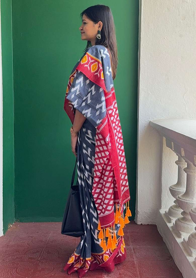 Grey Printed Cotton Saree Set - Indya