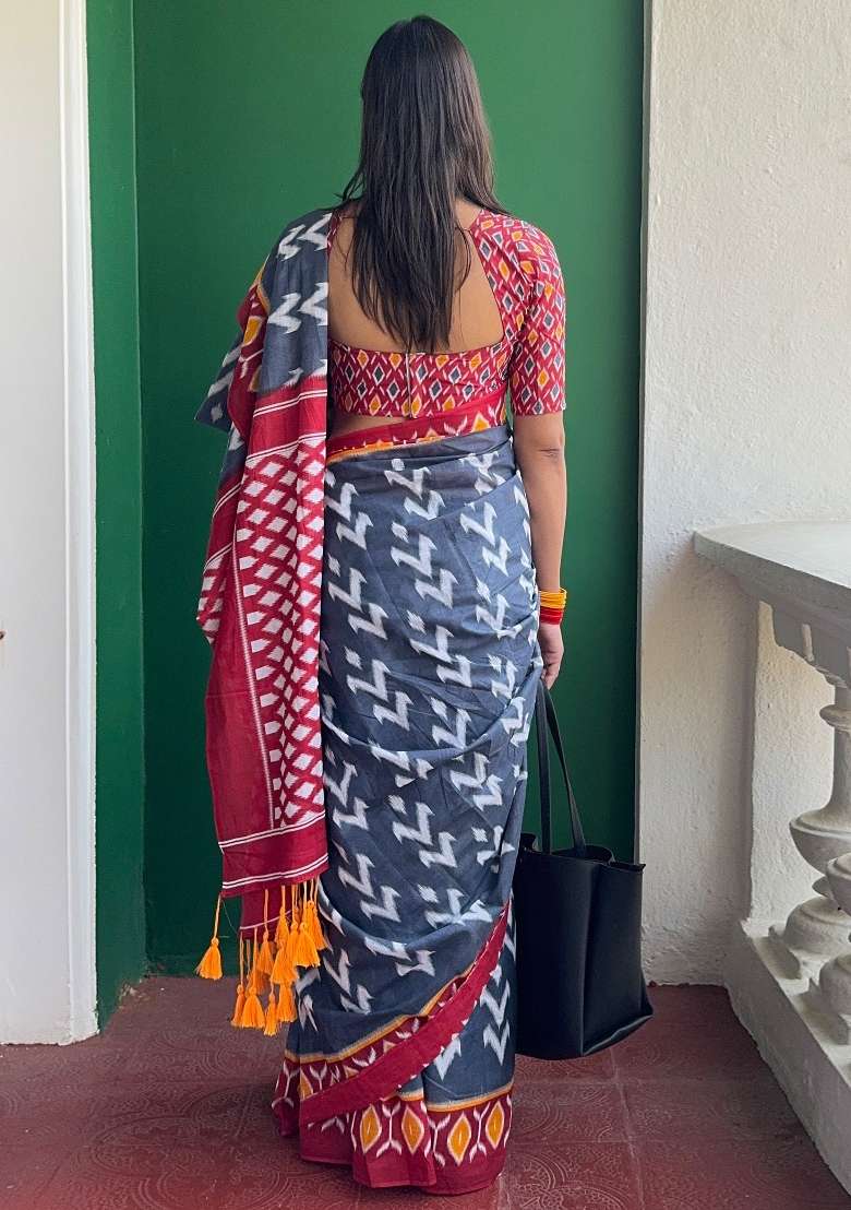 Grey Printed Cotton Saree Set - Indya