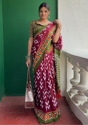 Maroon Printed Cotton Saree Set