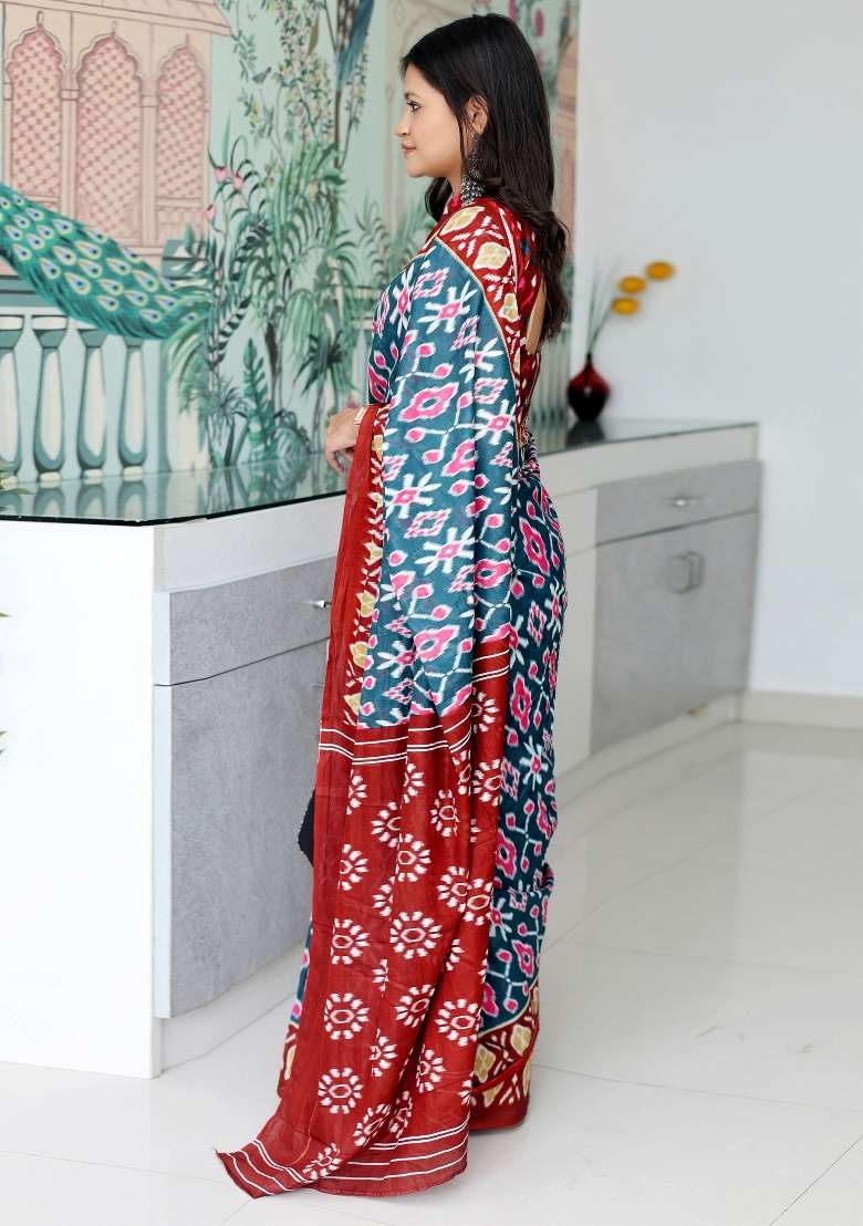 Dark Green Cotton Saree Set with Printed for Diwali | Wedding & Festive Wear - Indya