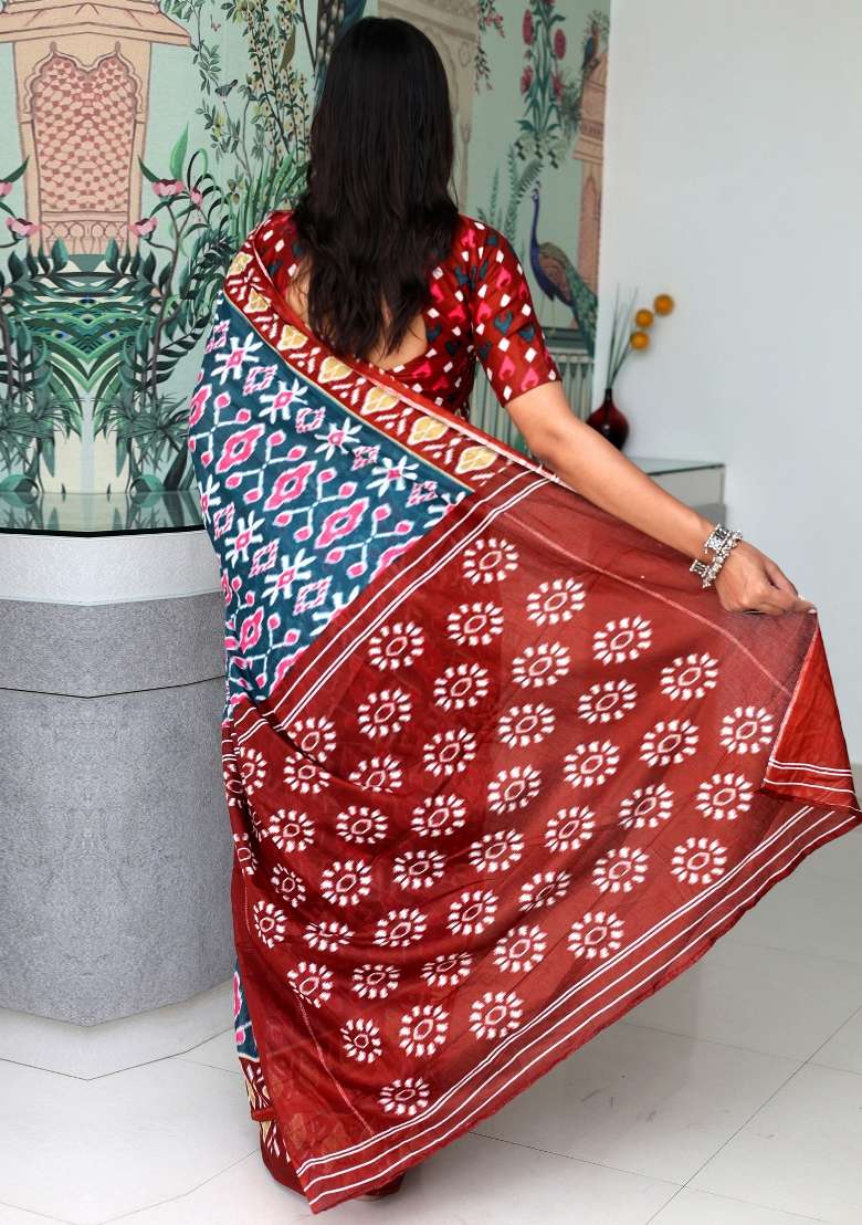Dark Green Cotton Saree Set with Printed for Diwali | Wedding & Festive Wear - Indya