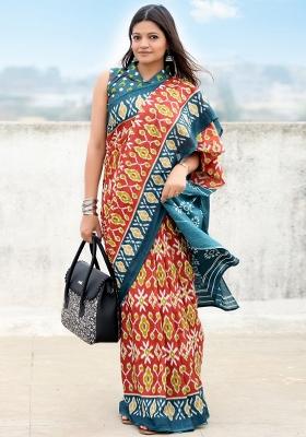 Rust Printed Cotton Saree Set