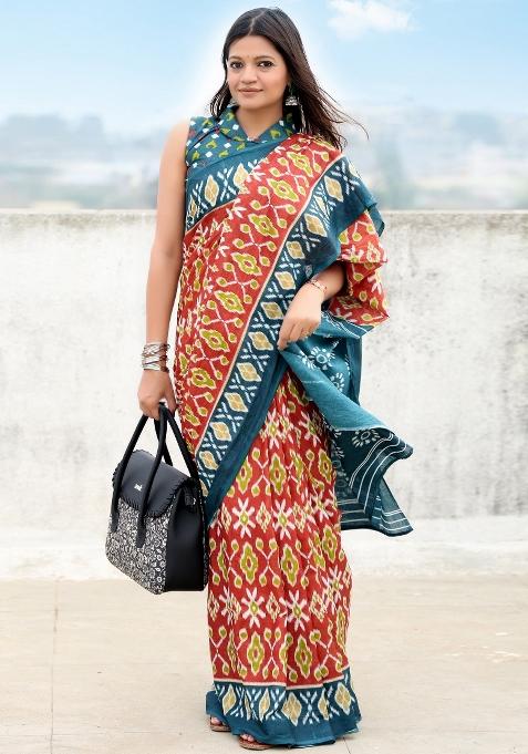 Rust Printed Cotton Saree Set — view on Indya