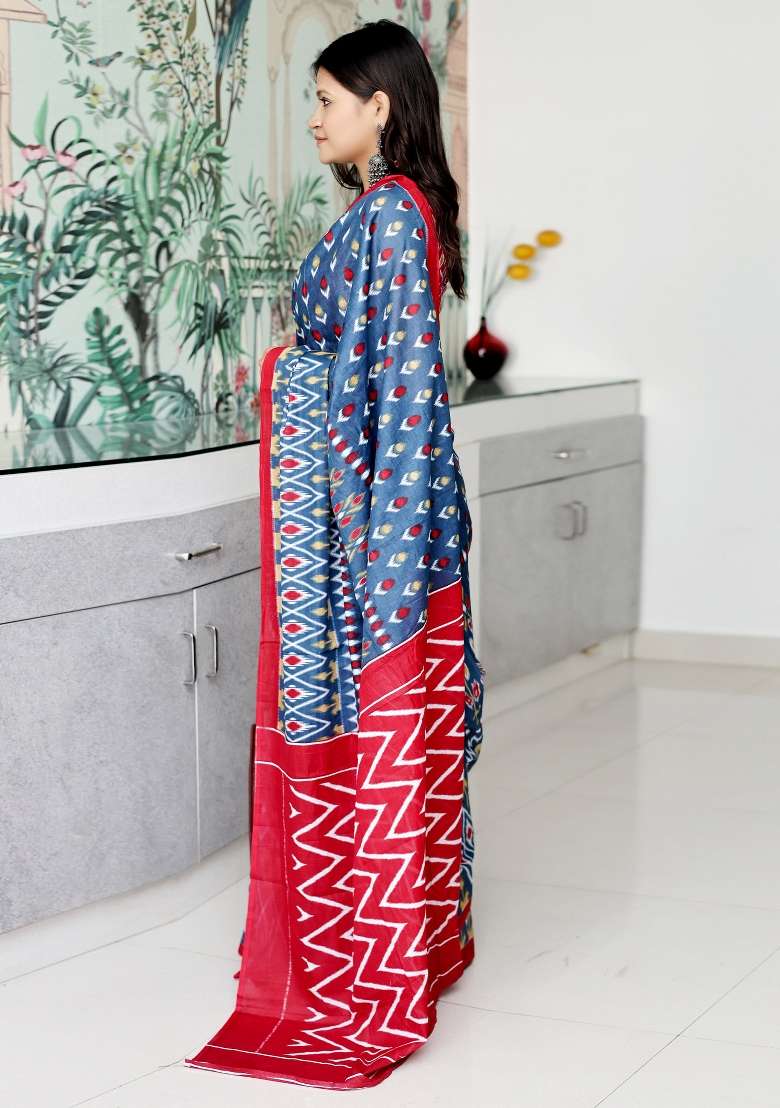 Grey Printed Cotton Saree Set for Diwali and Festive Wear - Indya