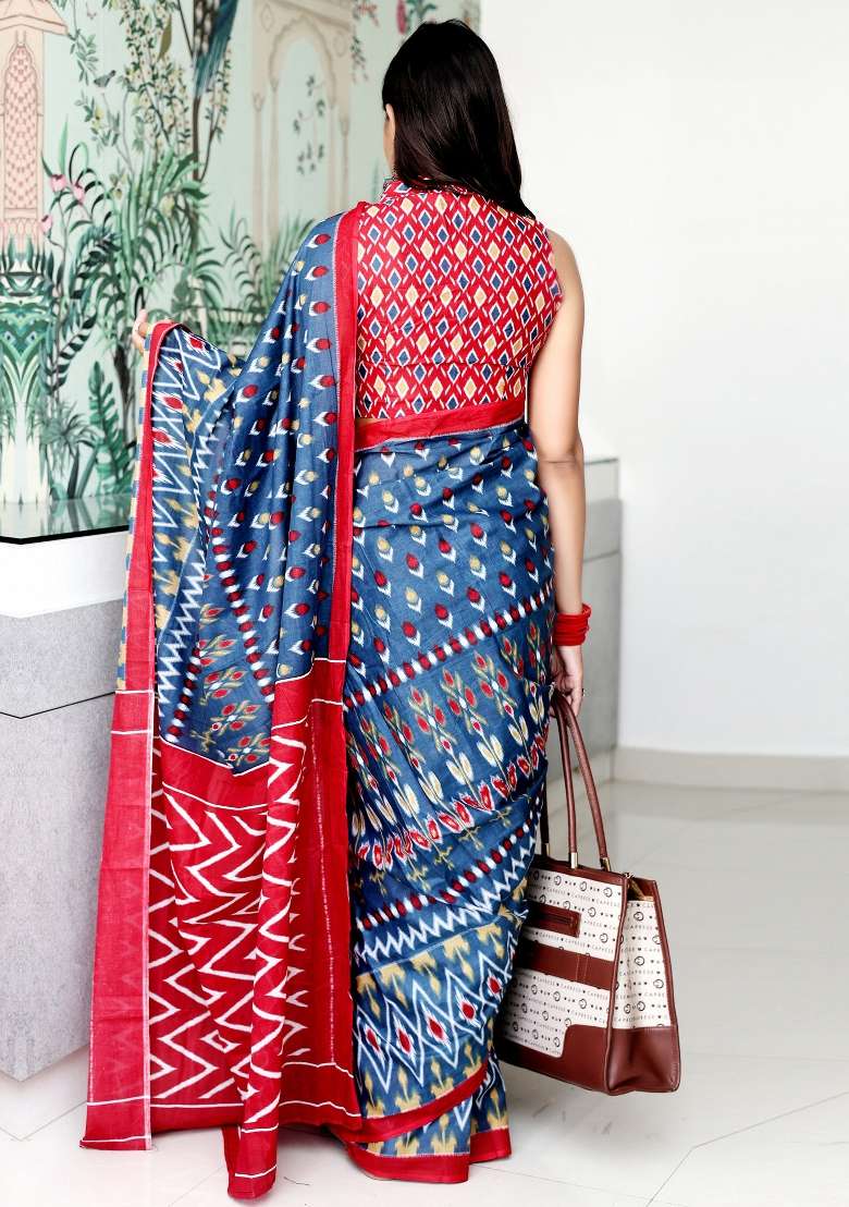 Grey Printed Cotton Saree Set for Diwali and Festive Wear - Indya