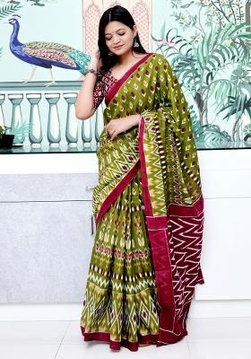 Olive Printed Cotton Saree Set