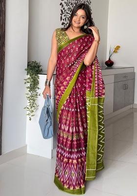 Maroon Printed Cotton Saree Set