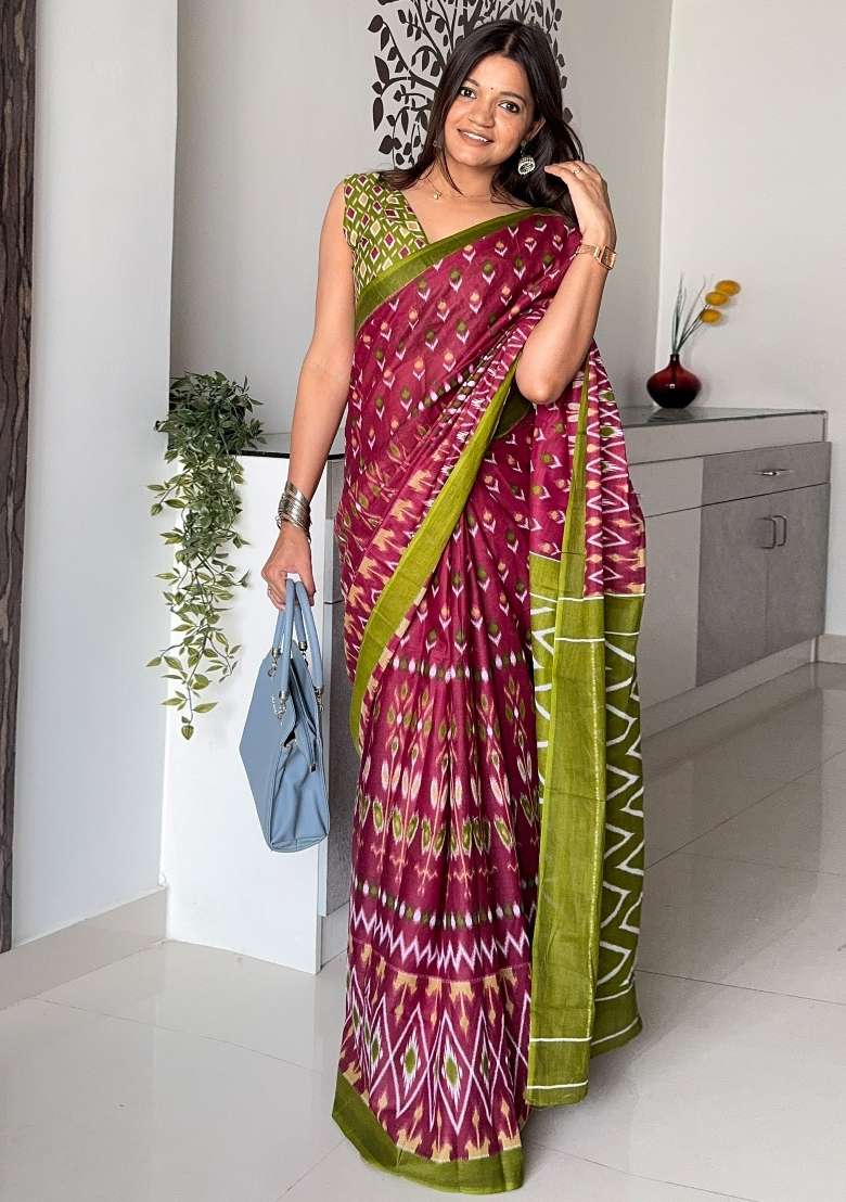 Maroon Printed Cotton Saree Set - Indya