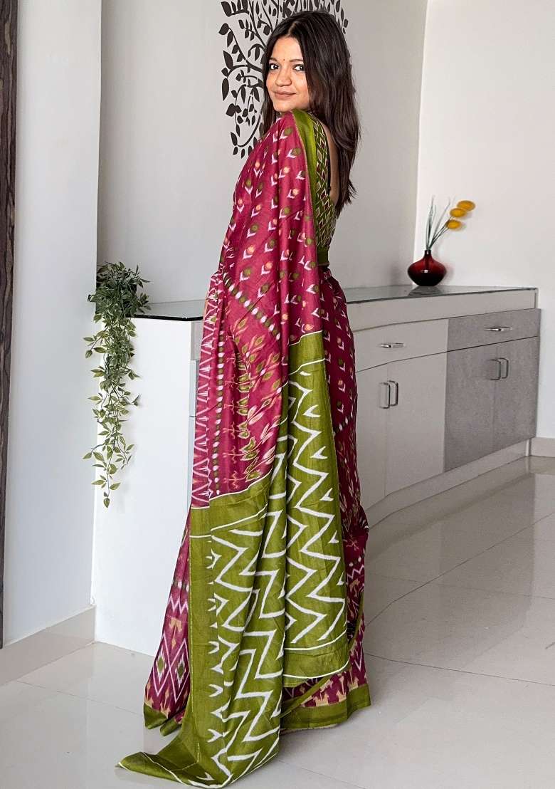 Maroon Printed Cotton Saree Set - Indya