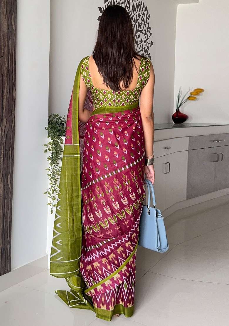 Maroon Printed Cotton Saree Set - Indya