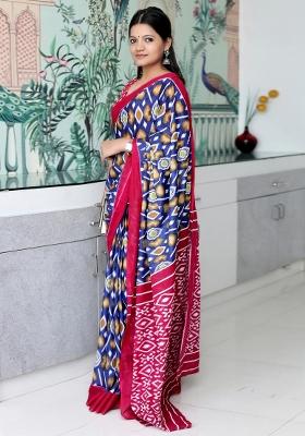 Navy Blue Printed Cotton Saree Set