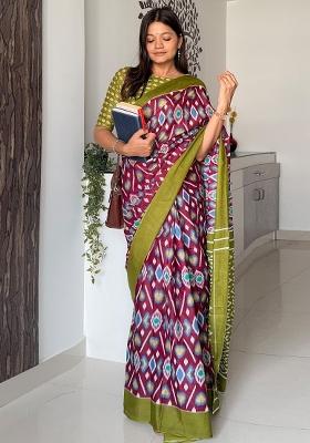 Magenta Printed Cotton Saree Set