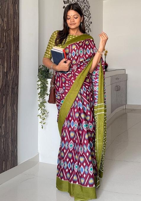 Magenta Printed Cotton Saree Set — view on Indya