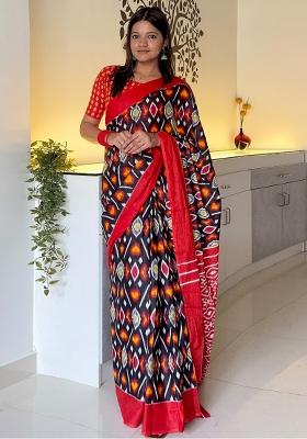 Black Printed Cotton Saree Set