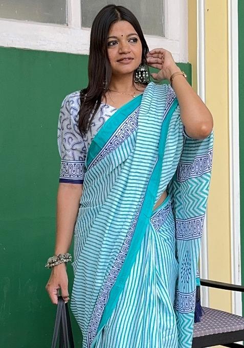 Light Blue Printed Cotton Saree Set — view on Indya