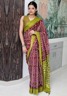 Maroon Printed Cotton Saree Set