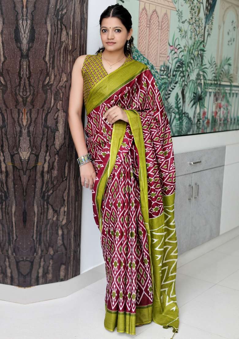 Maroon Printed Cotton Saree Set for Diwali and Festive Wear - Indya
