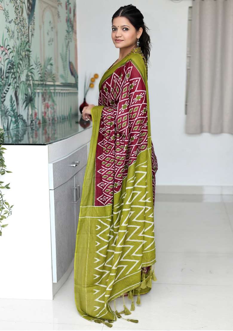 Maroon Printed Cotton Saree Set for Diwali and Festive Wear - Indya