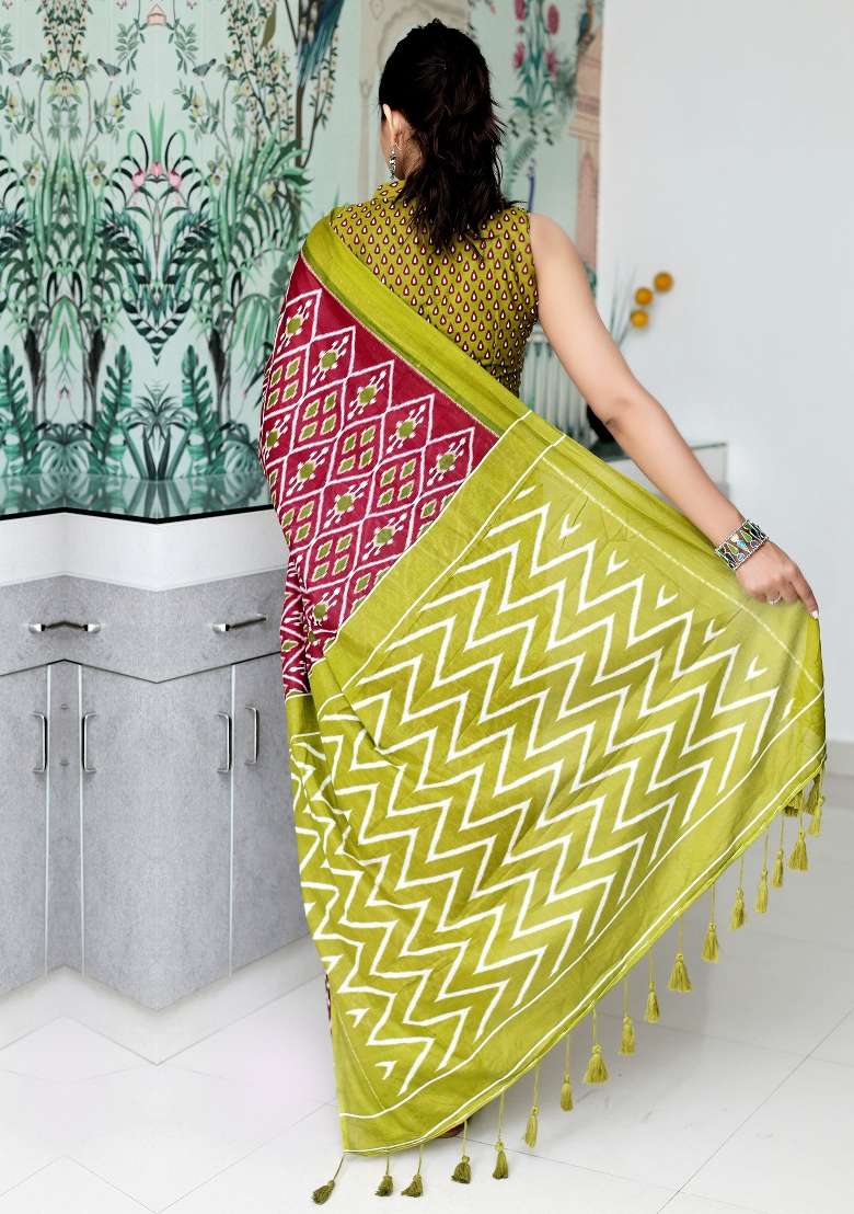 Maroon Printed Cotton Saree Set for Diwali and Festive Wear - Indya