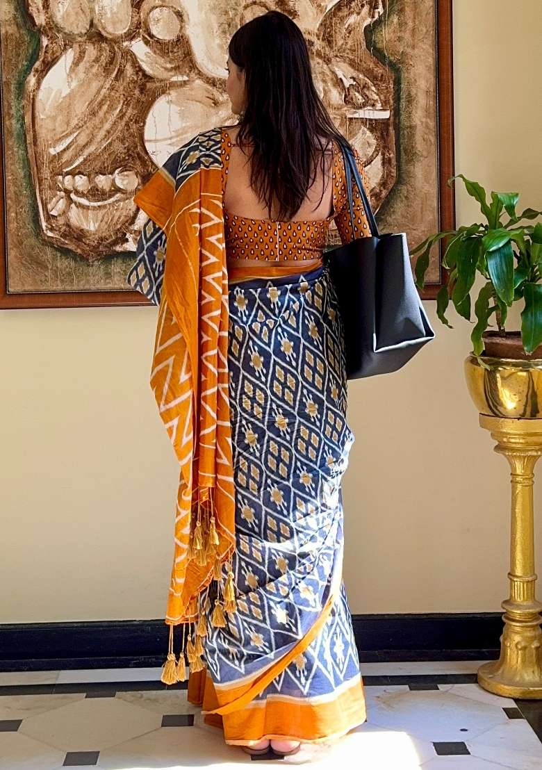 Charcoal Grey Printed Cotton Saree Set for Diwali and Festive Wear - Indya