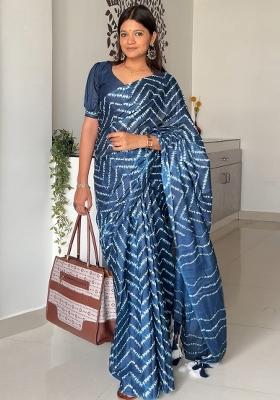 Navy Blue Printed Cotton Saree Set