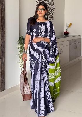 Navy Blue Printed Cotton Saree Set
