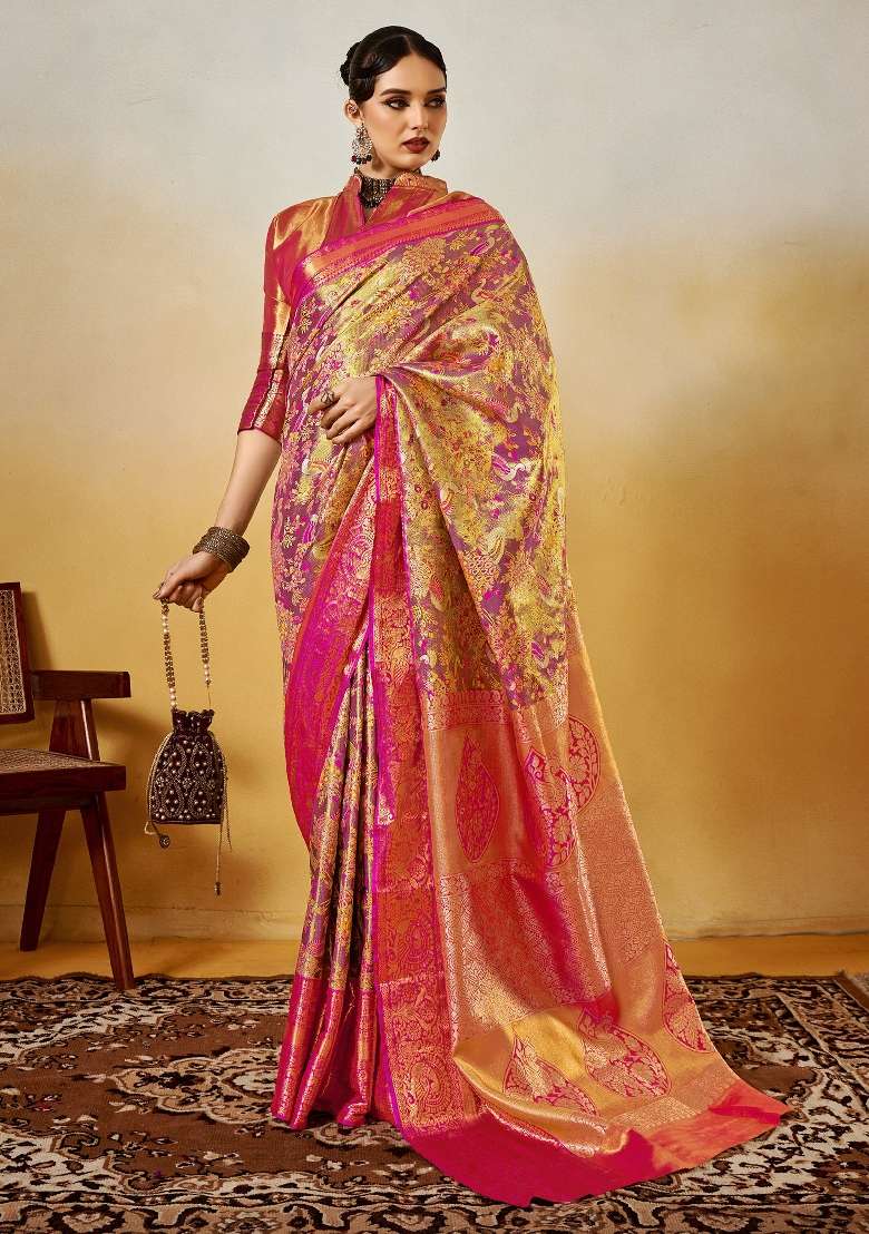Mauve Printed Silk Blend Saree Set - Indya