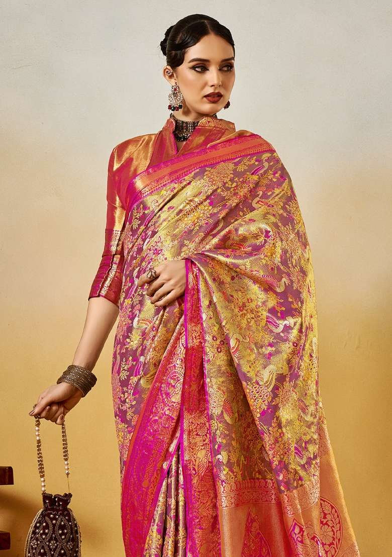 Mauve Printed Silk Blend Saree Set - Indya