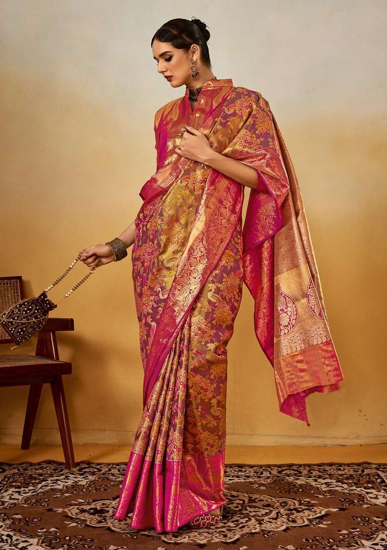 Mauve Printed Silk Blend Saree Set - Indya