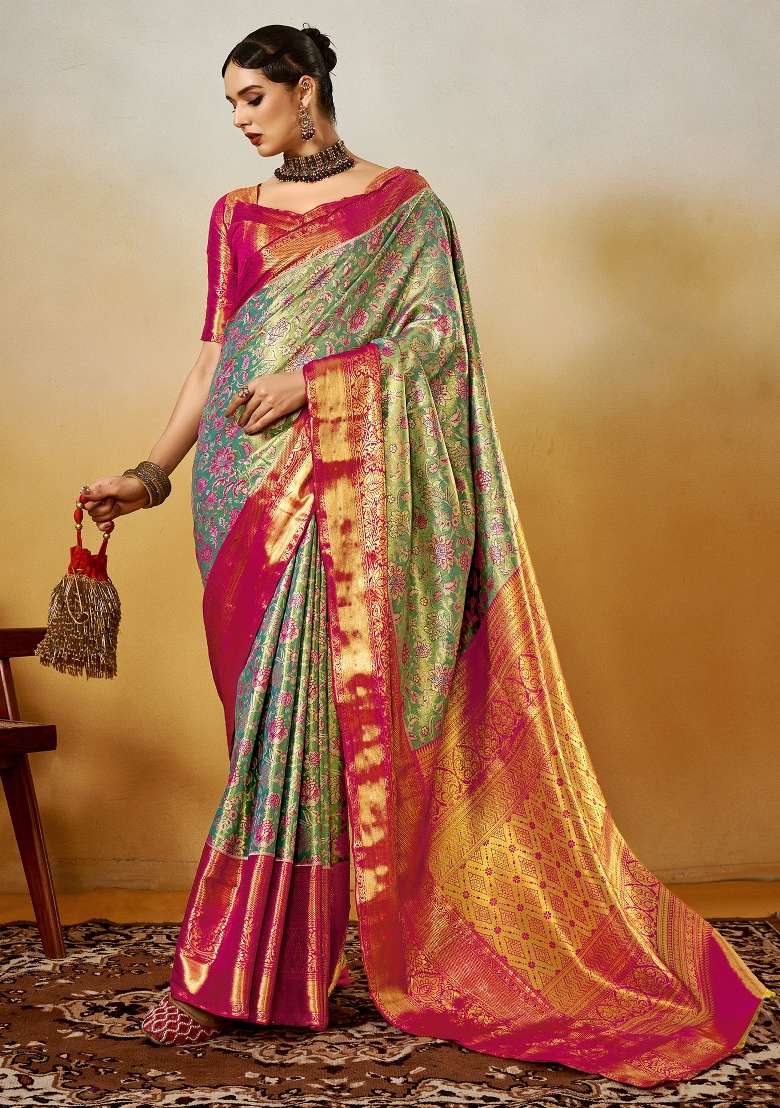 Turquoise Printed Silk Blend Saree Set - Indya