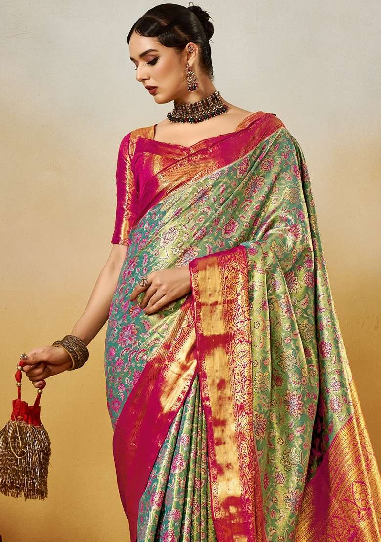 Turquoise Printed Silk Blend Saree Set - Indya